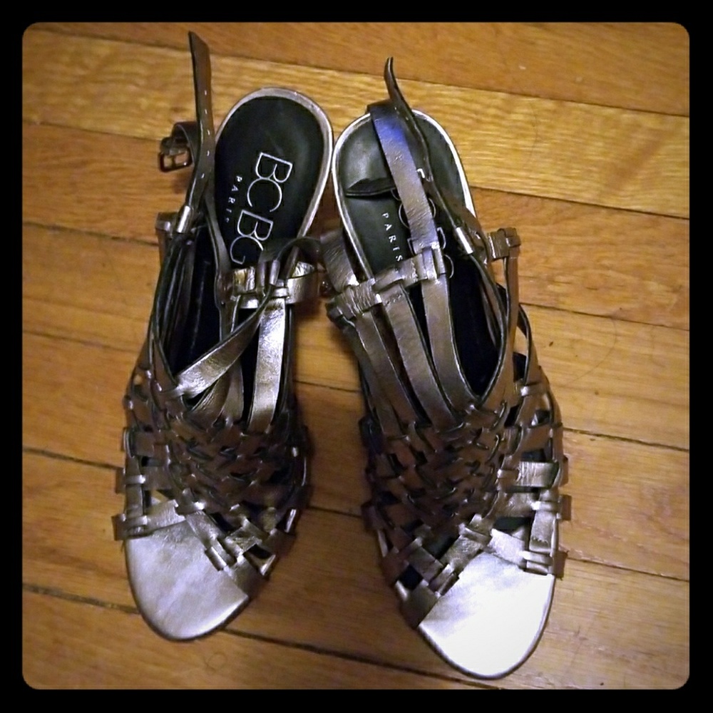 Pewter BCBG strappy high heel sandal